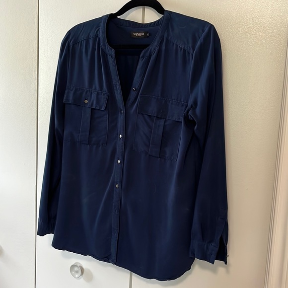 Navy blue button down, collarless, chrome buttons - Picture 1 of 1